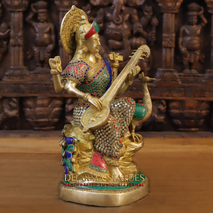 Brass Saraswati and Her Majestic Peacock,Sitar of Enlightenment, Golden Finish with Stonework 15.5"