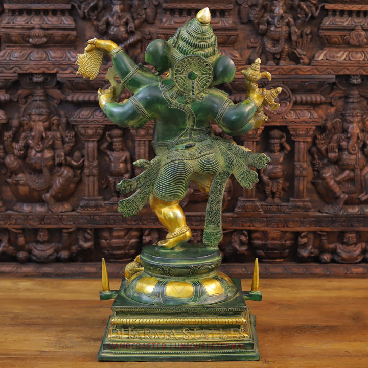 Brass Ganesh Idol, Dancing Ganesha, Green Patina & Golden Finish 30" back view