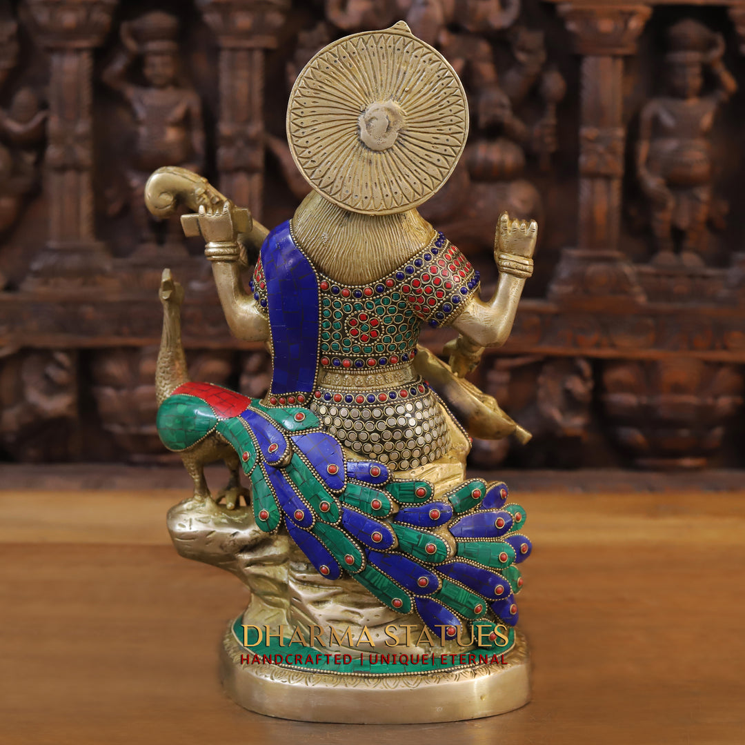 Brass Saraswati and Her Majestic Peacock,Sitar of Enlightenment, Golden Finish with Stonework 15.5"