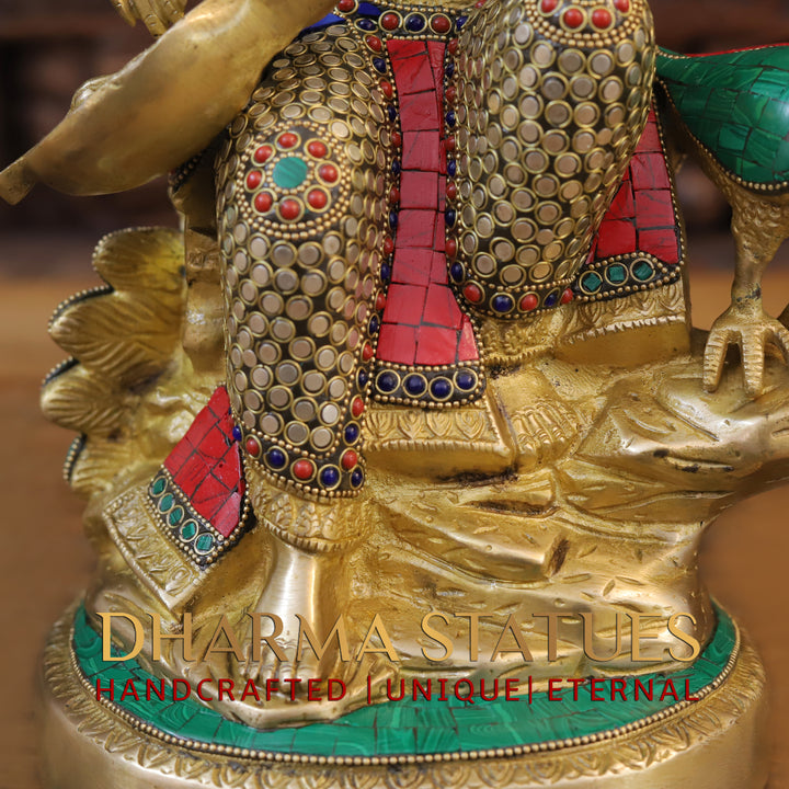 Brass Saraswati and Her Majestic Peacock,Sitar of Enlightenment, Golden Finish with Stonework 15.5"