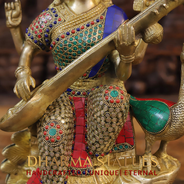 Brass Saraswati and Her Majestic Peacock,Sitar of Enlightenment, Golden Finish with Stonework 15.5"