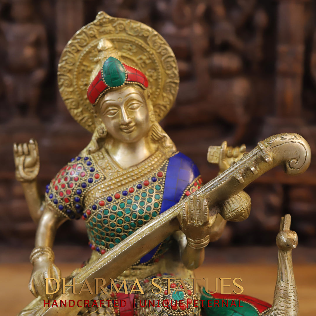 Brass Saraswati and Her Majestic Peacock,Sitar of Enlightenment, Golden Finish with Stonework 15.5"