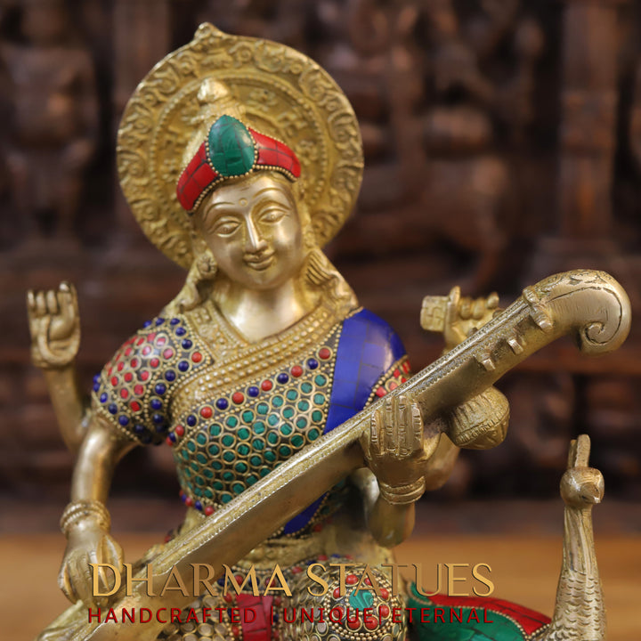 Brass Saraswati and Her Majestic Peacock,Sitar of Enlightenment, Golden Finish with Stonework 15.5"