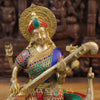 Brass Saraswati and Her Majestic Peacock,Sitar of Enlightenment, Golden Finish with Stonework 15.5"