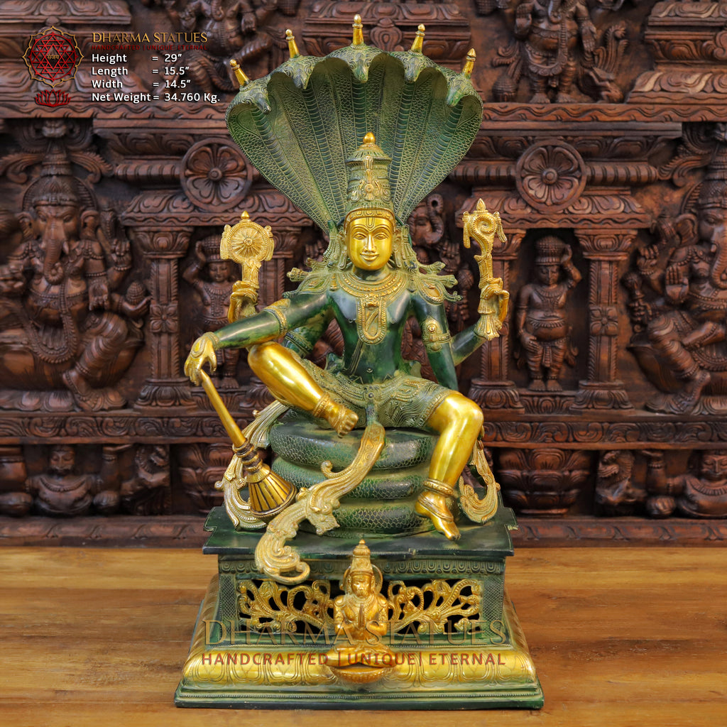 Brass Vishnu Idol, Seated on Sheshnag, Green patina & Golden Finish 29" front view