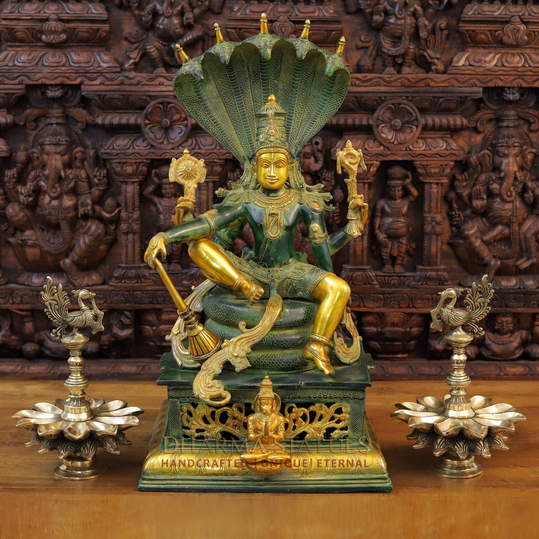 Brass Vishnu Statue Seated on Throne With Snake ( Abhishekam Posture) Green patina & Golden Finish 29"