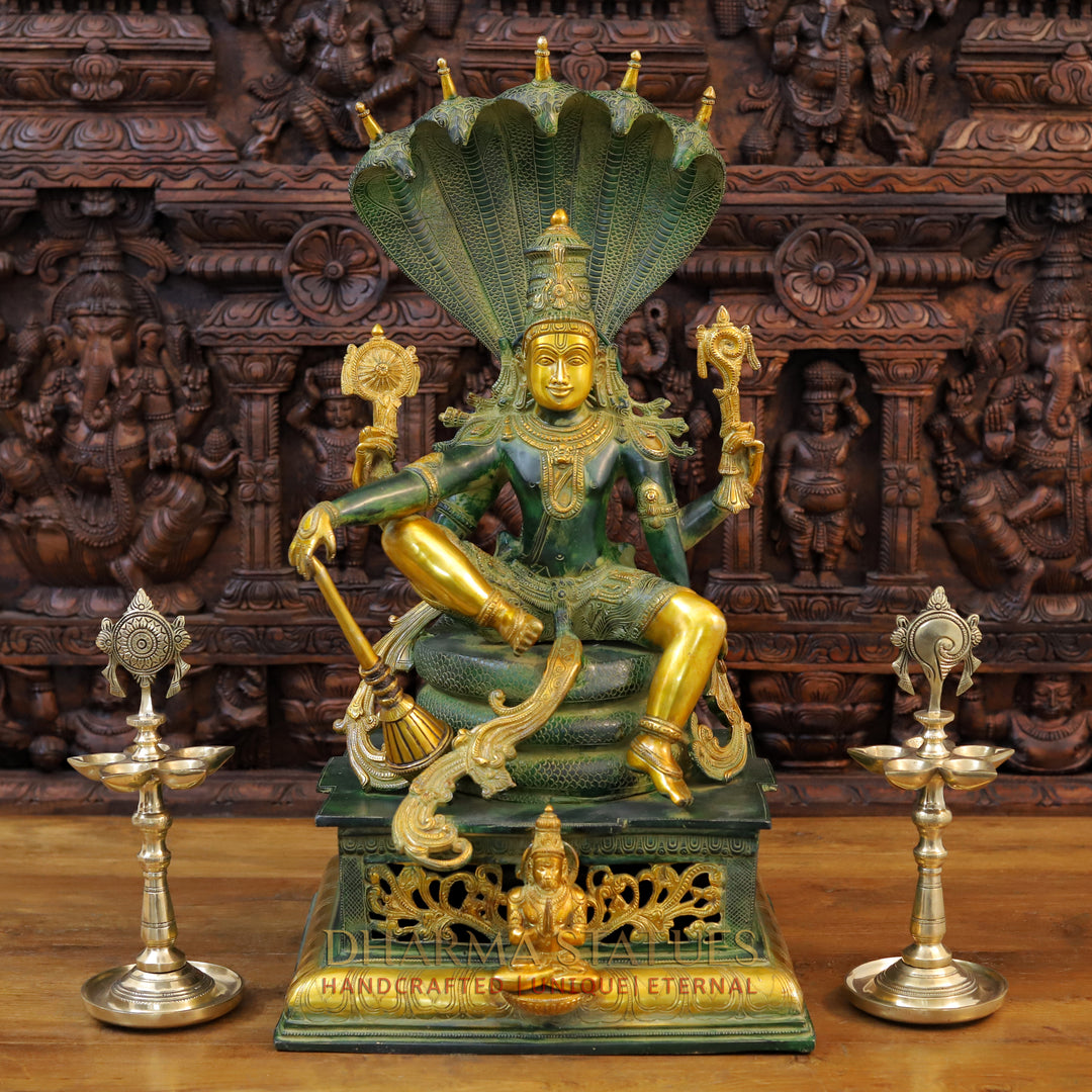 Brass Vishnu Statue Seated on Throne With Snake ( Abhishekam Posture) Green patina & Golden Finish 29"