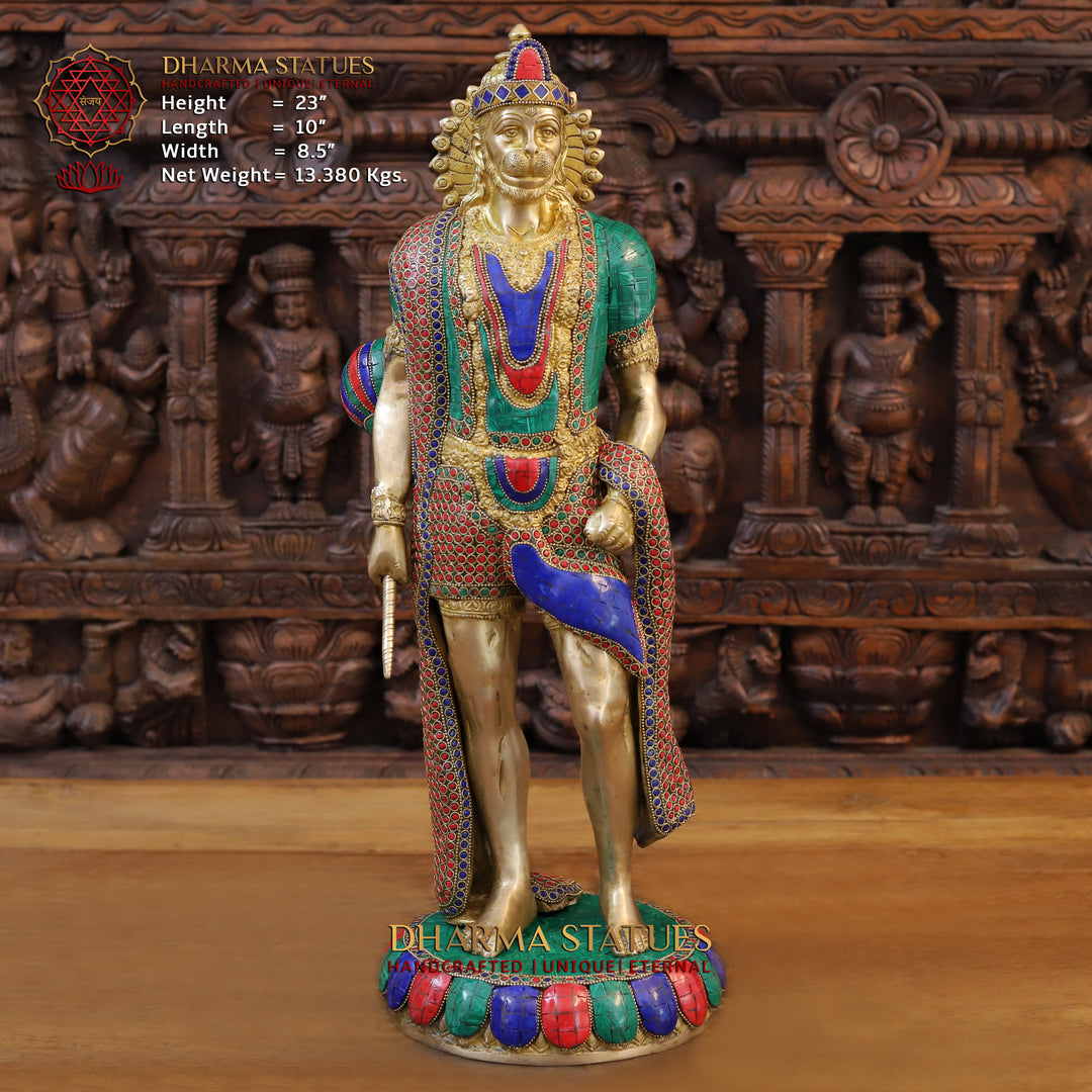 Brass Lord Hanuman Idol, Standing, Golden and Stone Finish 23"