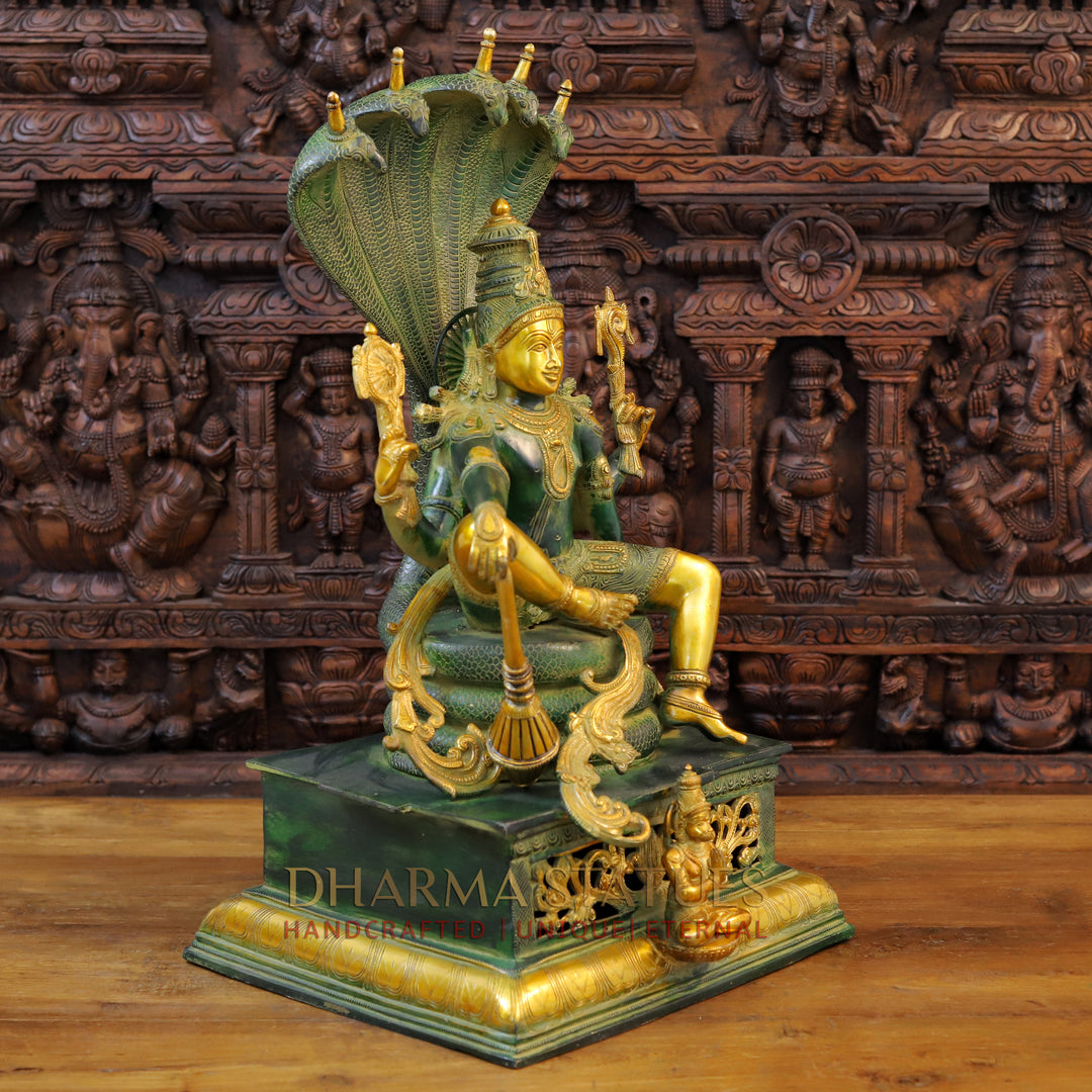 Brass Vishnu Idol, Seated on Sheshnag, Green patina & Golden Finish 29" side view