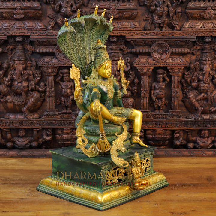 Brass Vishnu Idol, Seated on Sheshnag, Green patina & Golden Finish 29" side view