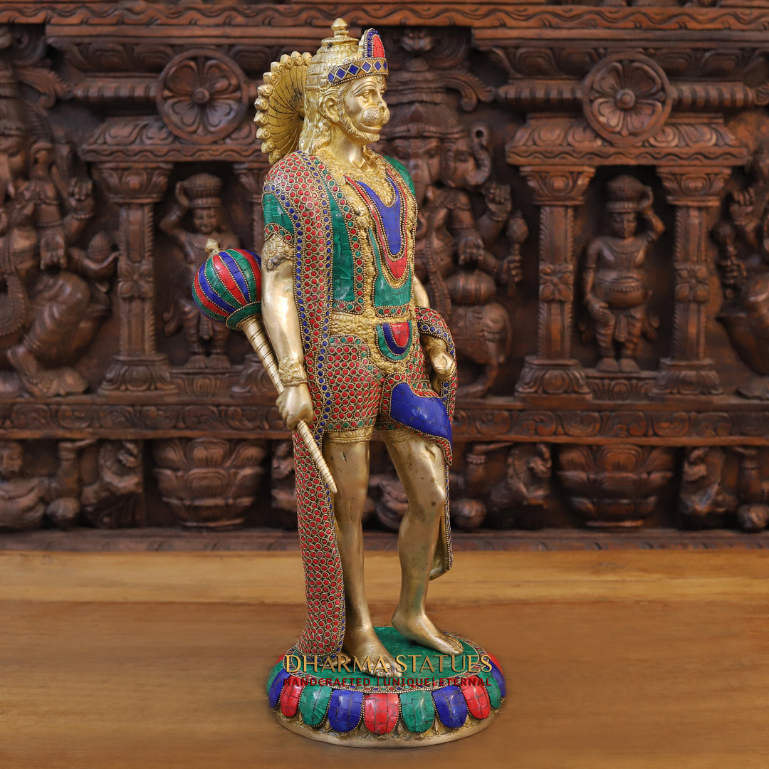 Brass Lord Hanuman Idol, Standing, Golden and Stone Finish 23"