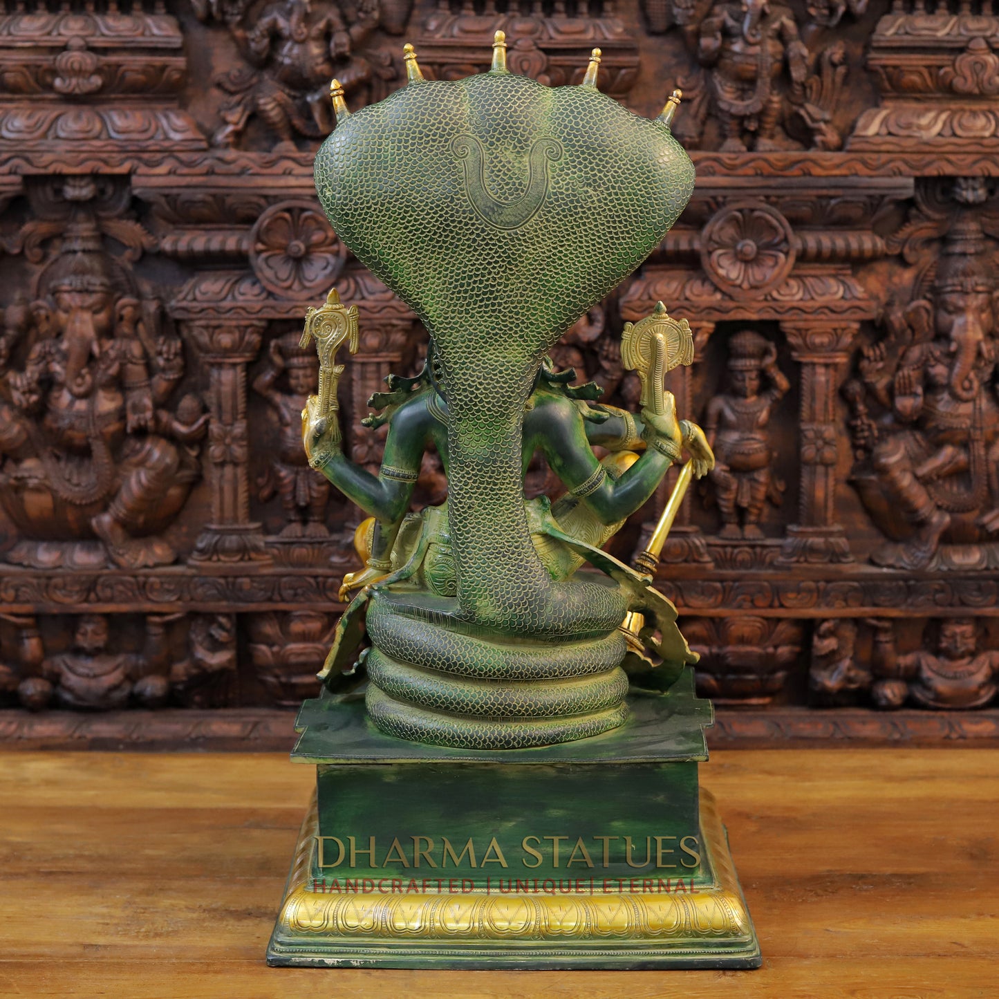 Brass Vishnu Statue Seated on Sheshnaag, ( Abhishekam Posture) Green patina & Golden Finish 29"