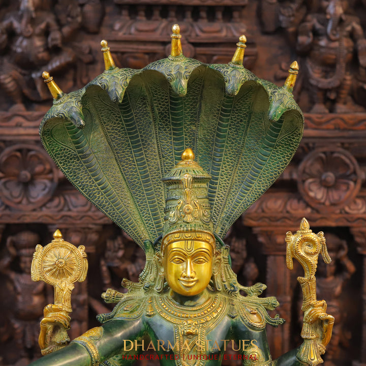 Brass Vishnu Statue Seated on Throne With Snake ( Abhishekam Posture) Green patina & Golden Finish 29"