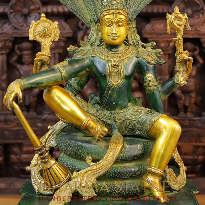 Brass Vishnu Statue Seated on Sheshnaag, ( Abhishekam Posture) Green patina & Golden Finish 29"