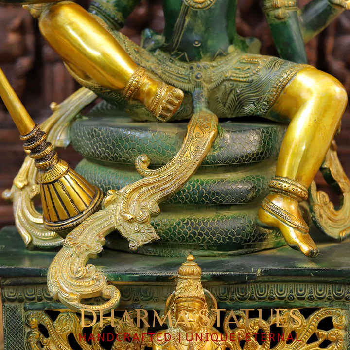 Brass Vishnu Statue Seated on Sheshnaag, ( Abhishekam Posture) Green patina & Golden Finish 29"