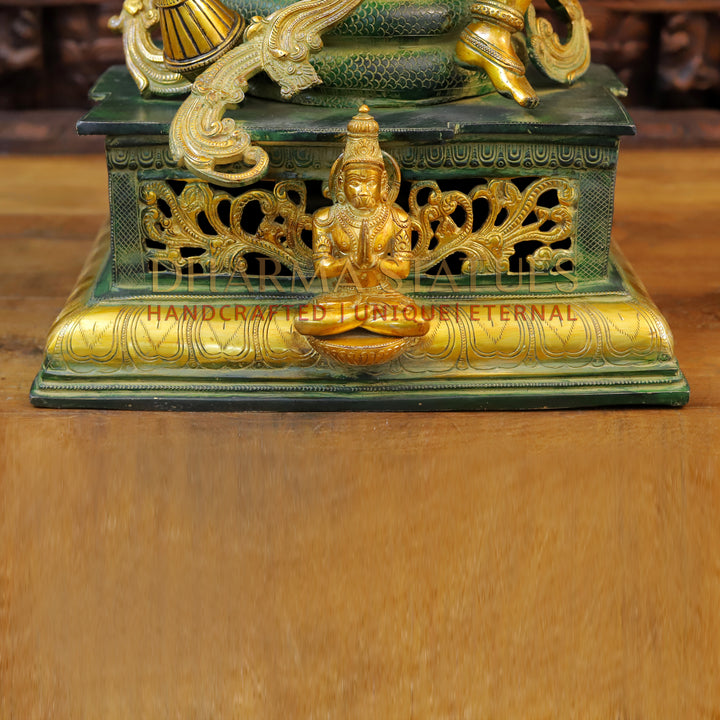 Brass Vishnu Statue Seated on Throne With Snake ( Abhishekam Posture) Green patina & Golden Finish 29"