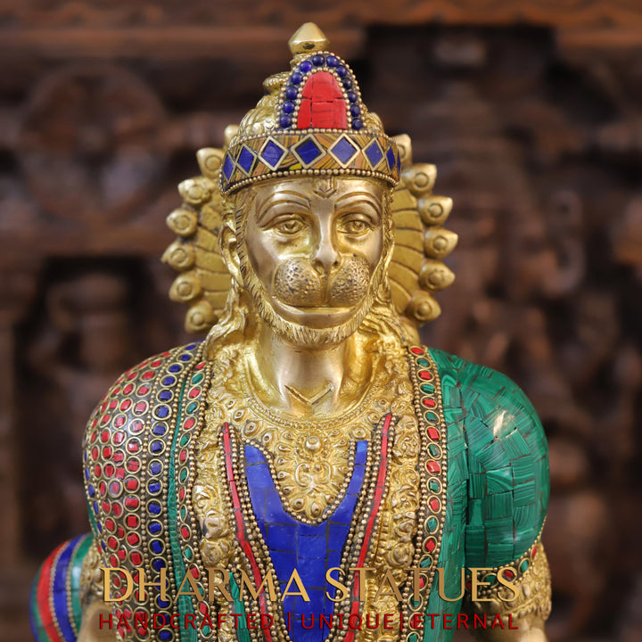 Brass Lord Hanuman Idol, Standing, Golden and Stone Finish 23"