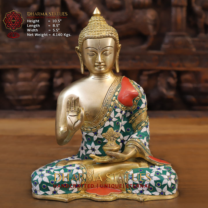 Brass Buddha Idol, Blessing Posture, Golden and Stone Work 10.5"