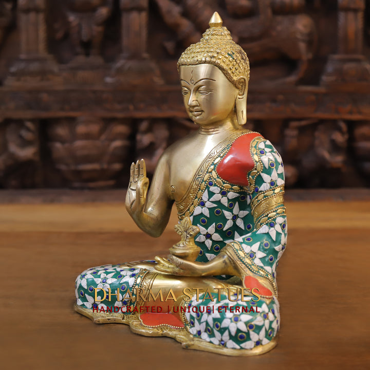 Brass Buddha Idol, Blessing Posture, Golden and Stone Work 10.5"