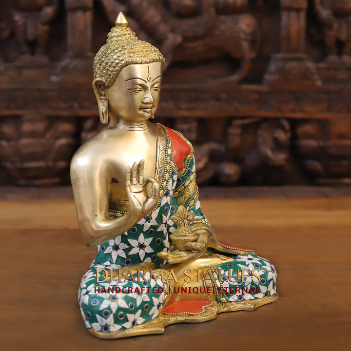 Brass Buddha Idol, Blessing Posture, Golden and Stone Work 10.5"