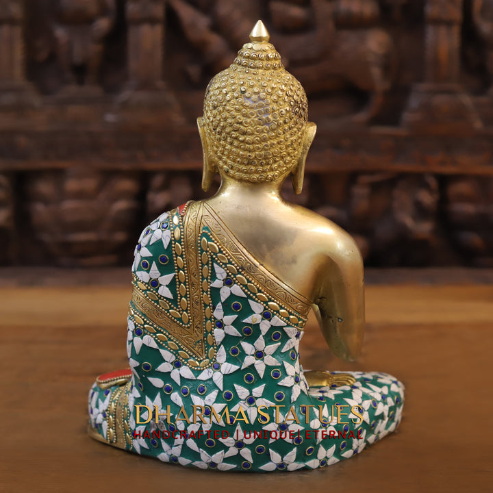 Brass Buddha Idol, Blessing Posture, Golden and Stone Work 10.5"