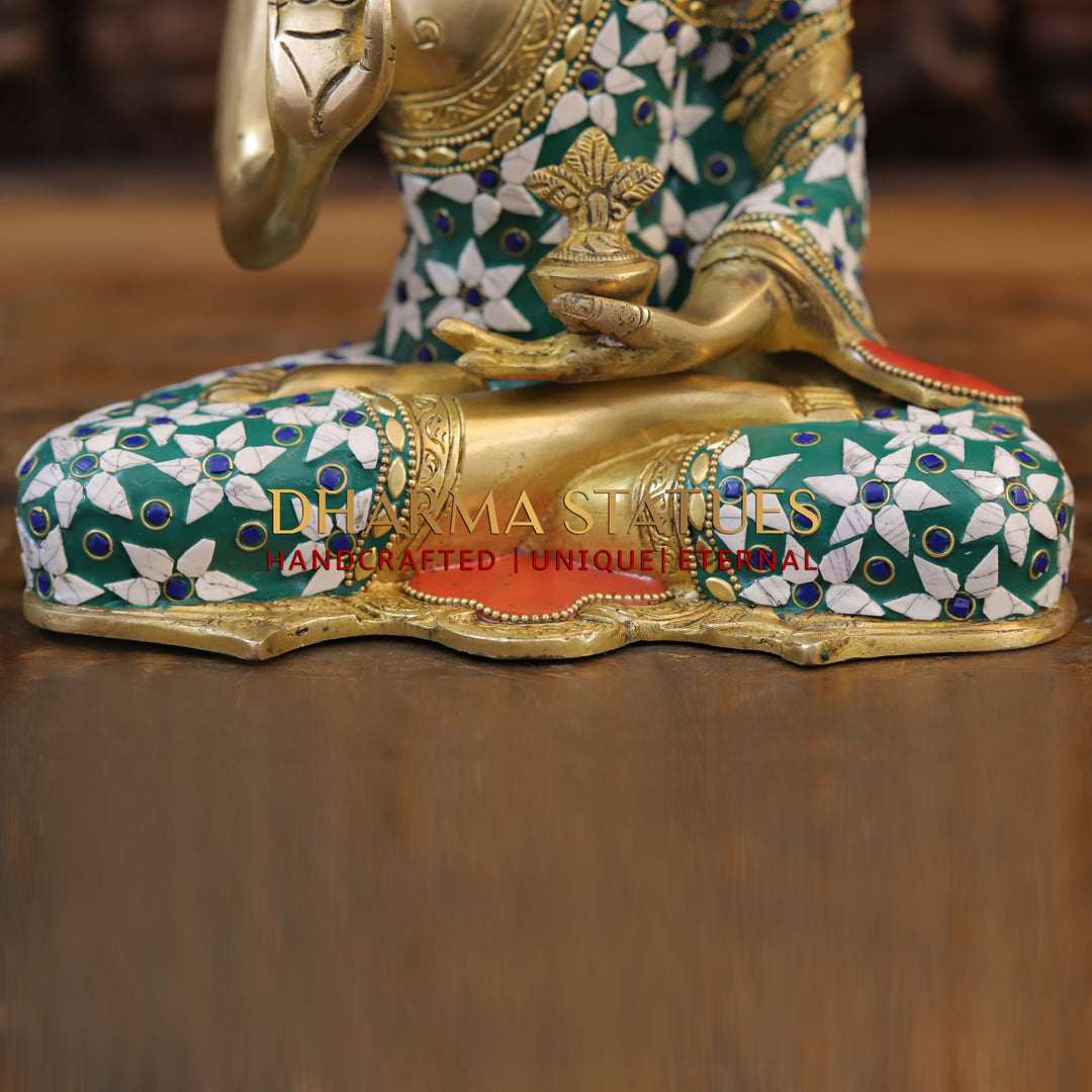 Brass Buddha Idol, Blessing Posture, Golden and Stone Work 10.5"