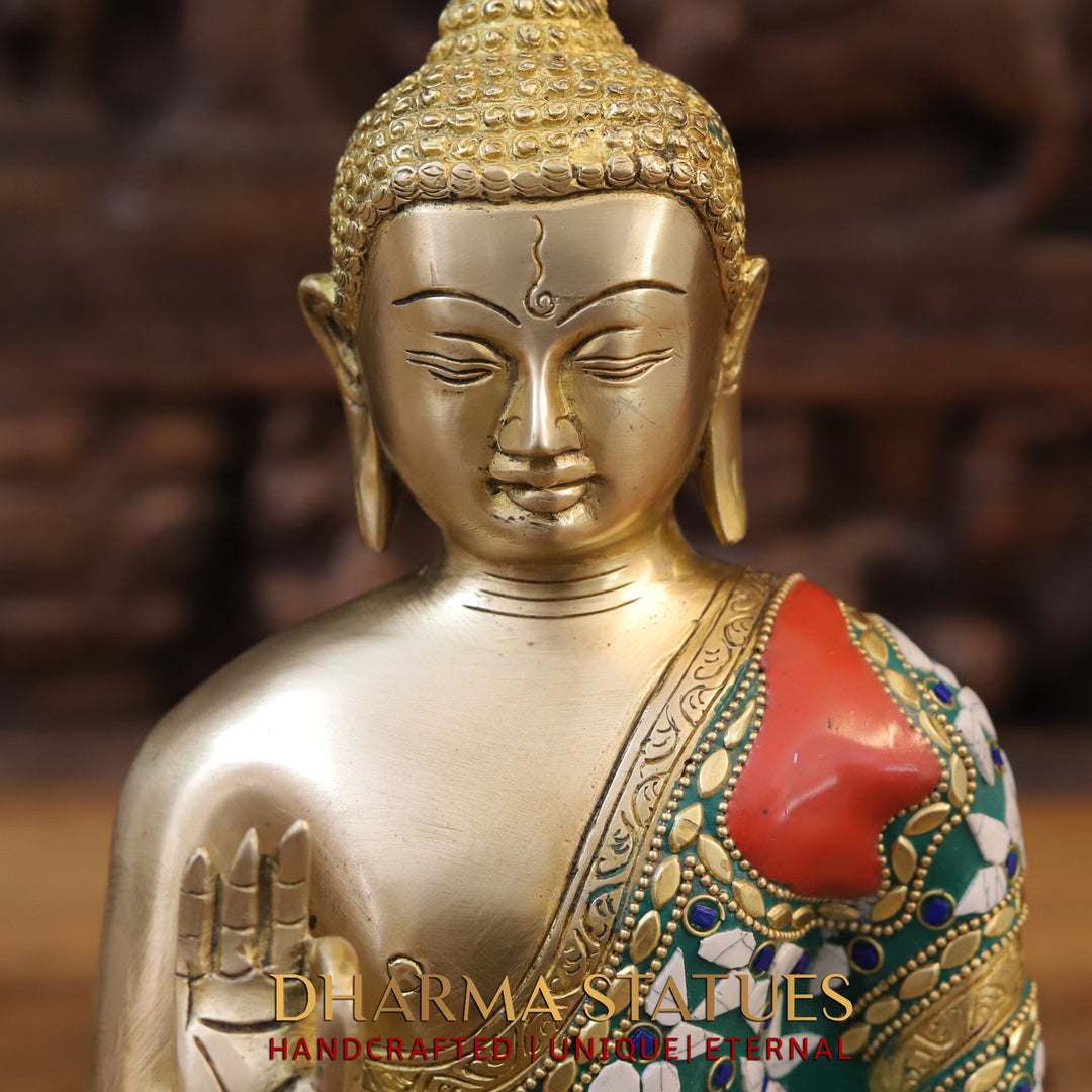 Brass Buddha Idol, Blessing Posture, Golden and Stone Work 10.5"