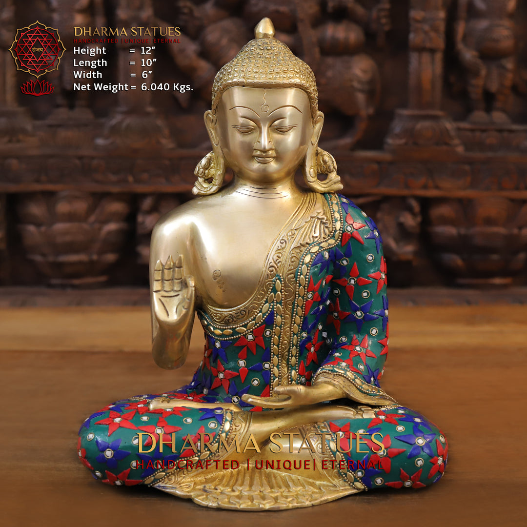 Brass Buddha Idol, Seated in Blessing Posture, Golden and Stone work 12"