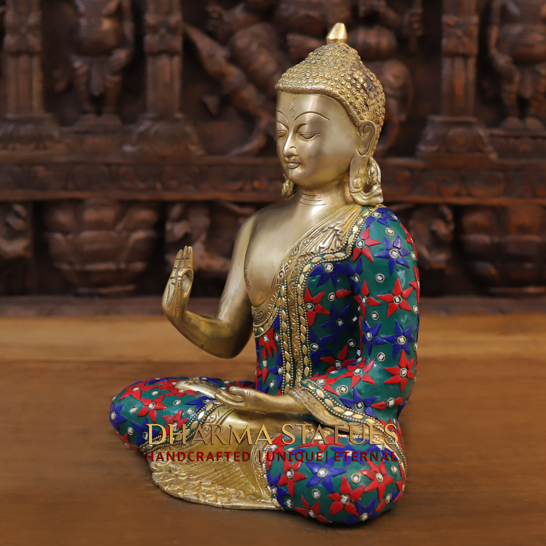 Brass Buddha Idol, Seated in Blessing Posture, Golden and Stone work 12"