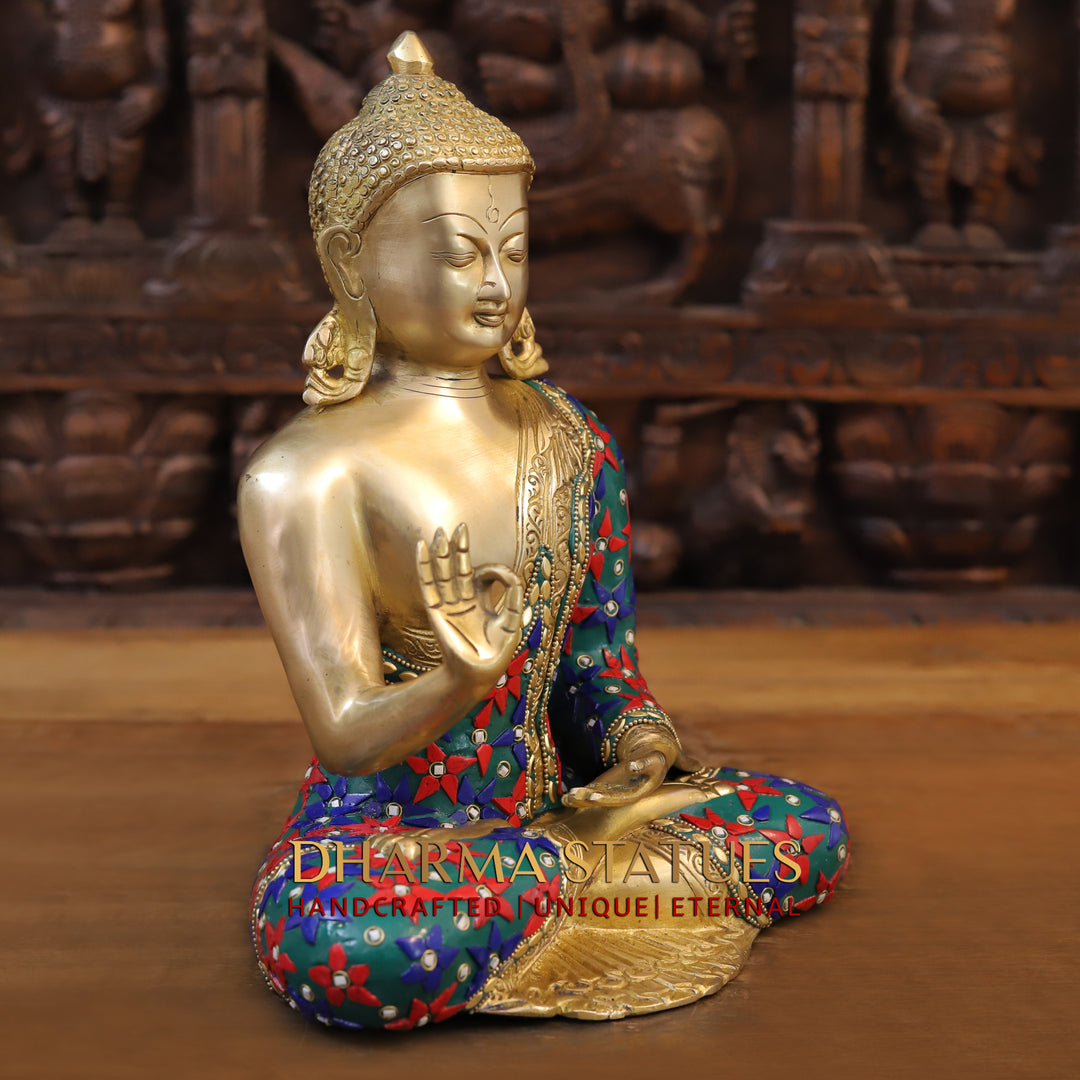 Brass Buddha Idol, Seated in Blessing Posture, Golden and Stone work 12"