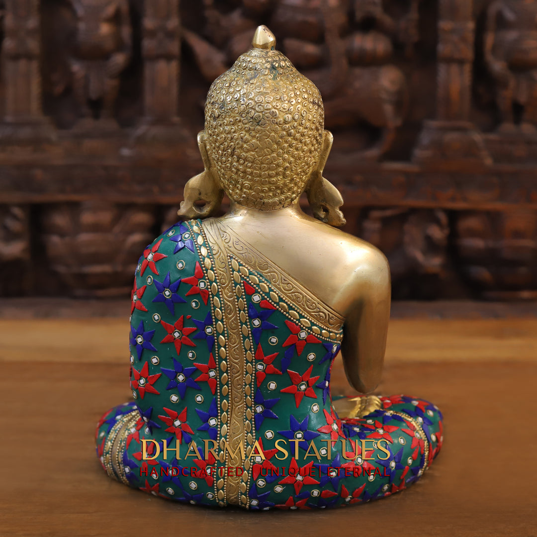 Brass Buddha Idol, Seated in Blessing Posture, Golden and Stone work 12"