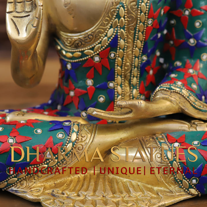 Brass Buddha Idol, Seated in Blessing Posture, Golden and Stone work 12"