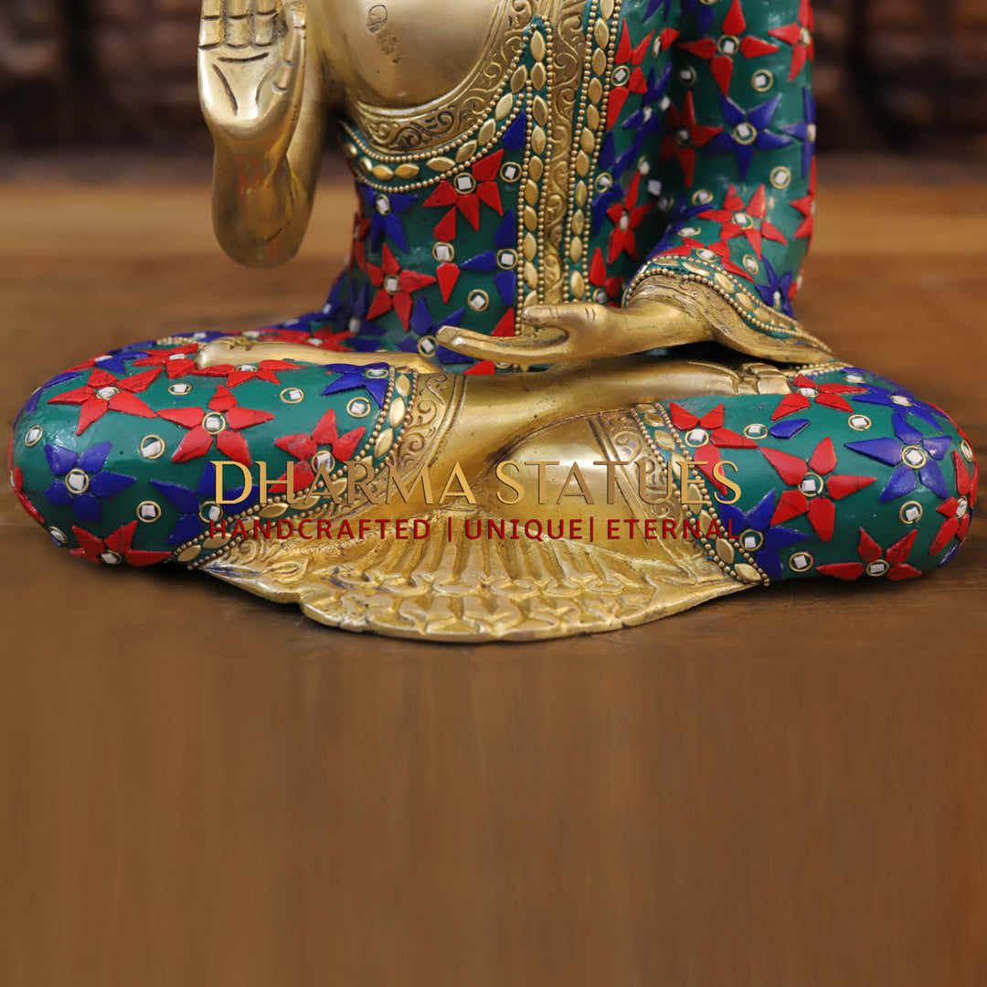 Brass Buddha Idol, Seated in Blessing Posture, Golden and Stone work 12"