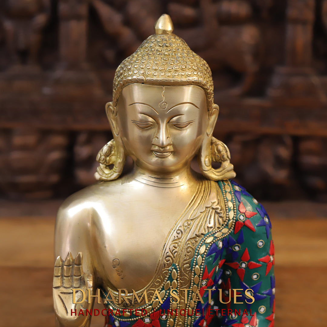 Brass Buddha Idol, Seated in Blessing Posture, Golden and Stone work 12"