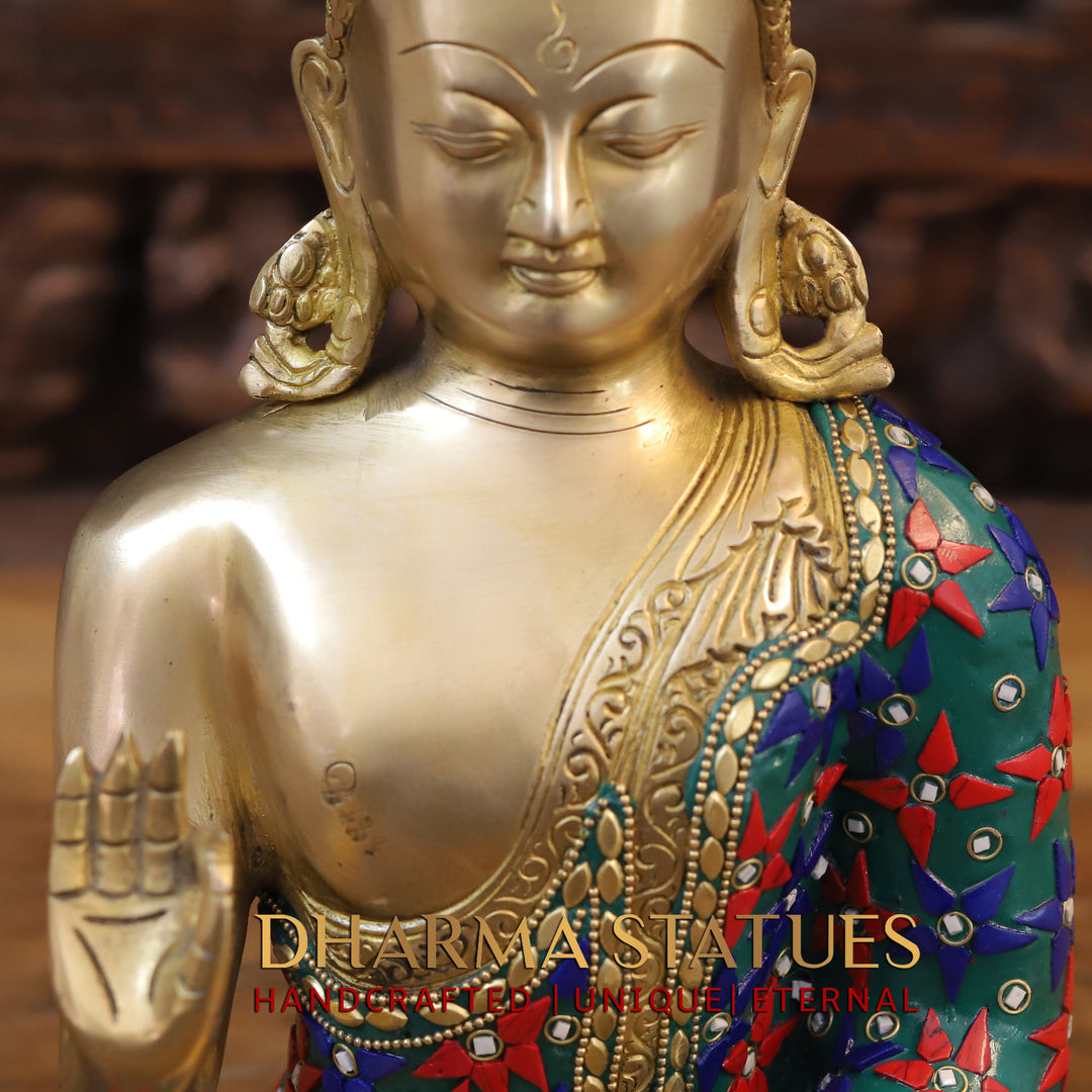 Brass Buddha Idol, Seated in Blessing Posture, Golden and Stone work 12"