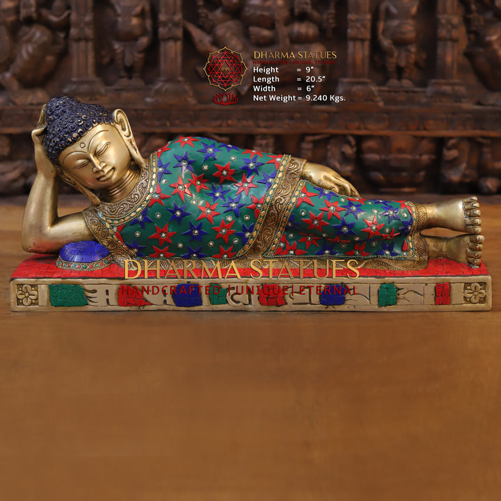 Brass Buddha Idol, Buddha Resting, Golden and Stone work 9"