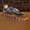 Brass Buddha Idol, Buddha Resting, Golden and Stone work 9" side view