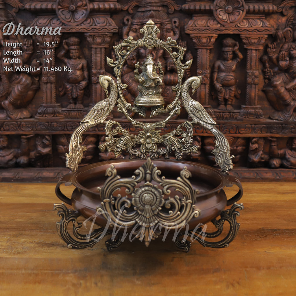 Brass Ganesh Idol, Golden and Copper Finish, 19.5" Front View