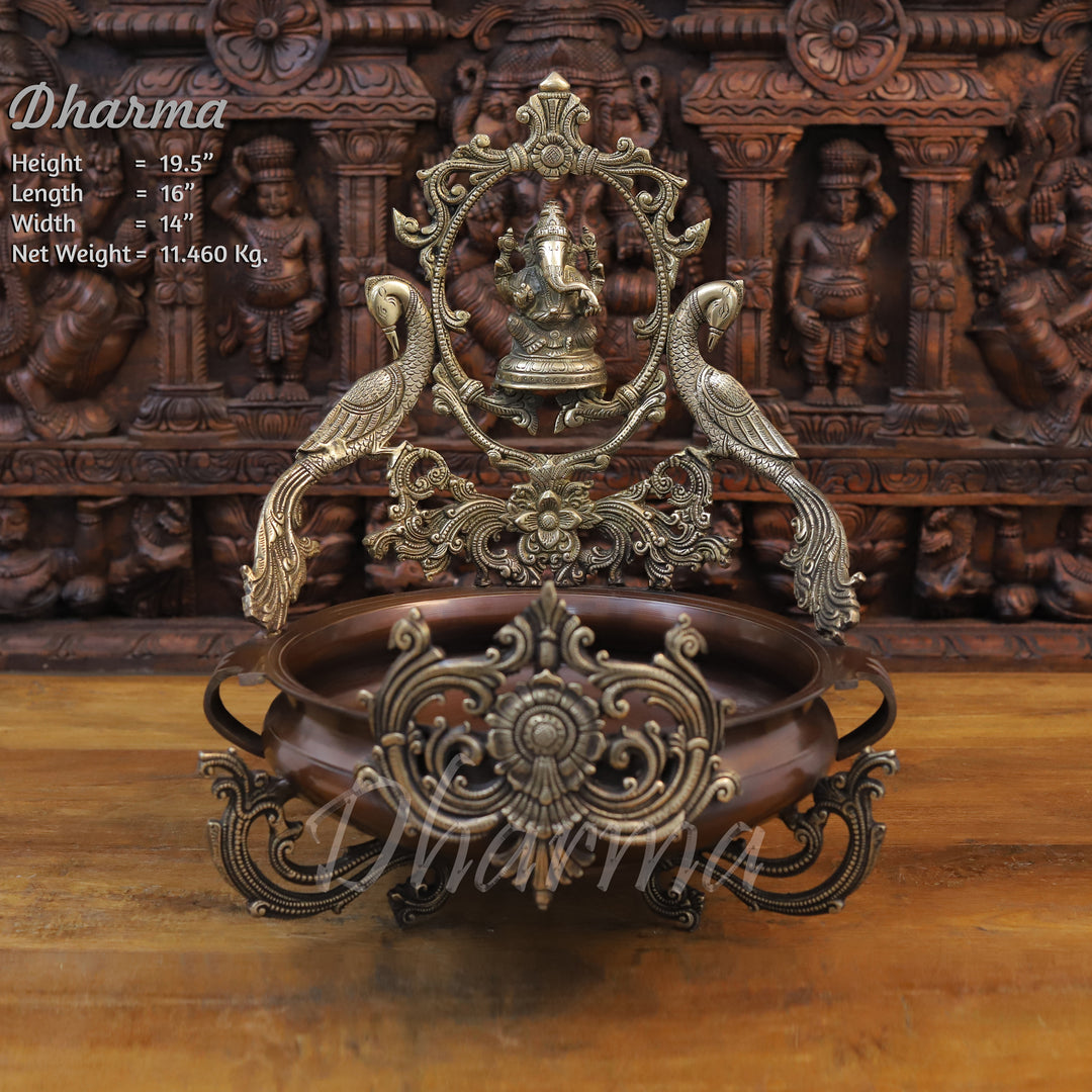 Brass Ganesh Idol, Golden and Copper Finish, 19.5" Front View