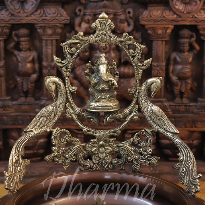 Brass Ganesh Urli With Peacock, Gold and Copper Finish 19.5"