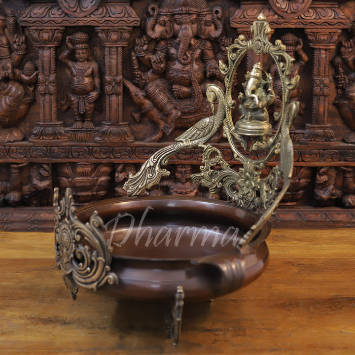 Brass Ganesh Urli With Peacock, Gold and Copper Finish 19.5"