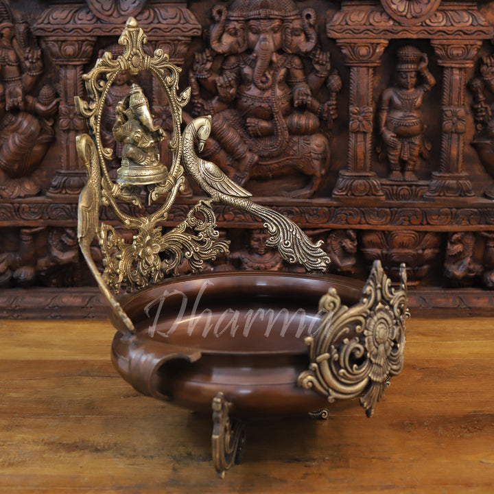 Brass Ganesh Urli With Peacock, Gold and Copper Finish 19.5"