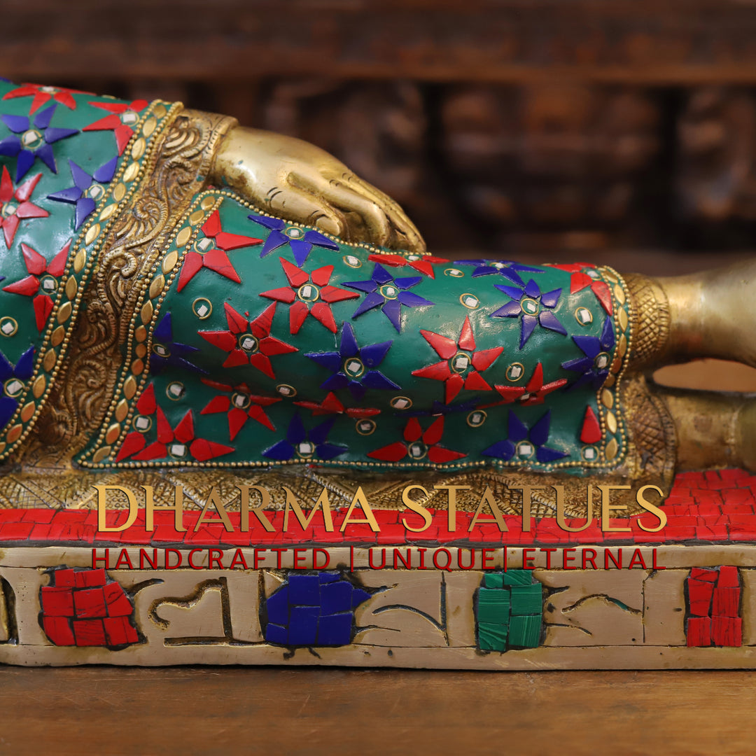 Brass Buddha Idol, Buddha Resting, Golden and Stone work 9"