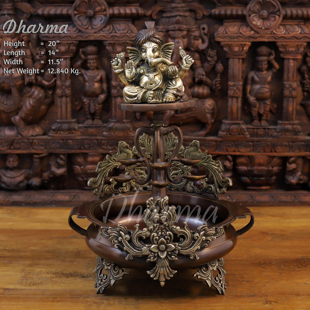 Brass Ganesh Urli, Golden and Copper 20" Front View