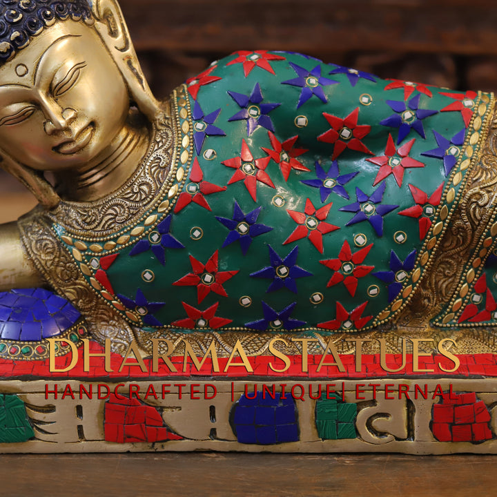 Brass Buddha Idol, Buddha Resting, Golden and Stone work 9"