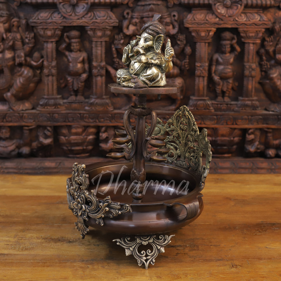 Brass Ganesh Urli, A Regal Addition to Your Decor, Golden and Copper 20"