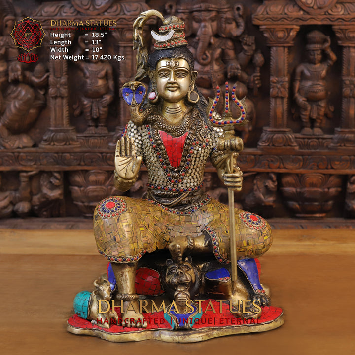 Brass Lord Shiva Idol, Seated on a lions skin, Golden and Stone work 18.5"