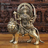 Brass Durga Idol, Goddess Durga Sitting on a Lion, Fine Golden Finish 22" Front View