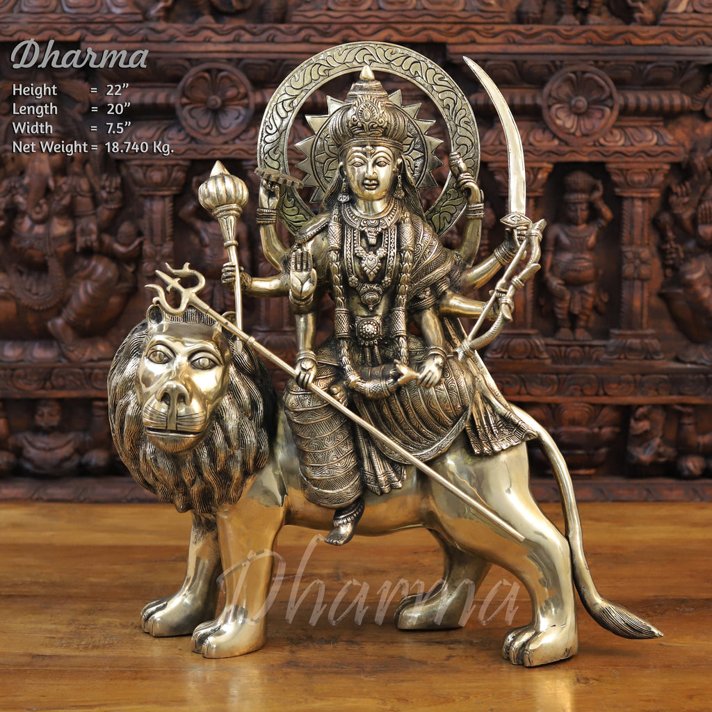 Brass Durga Idol, Goddess Durga Sitting on a Lion, Fine Golden Finish 22" Front View