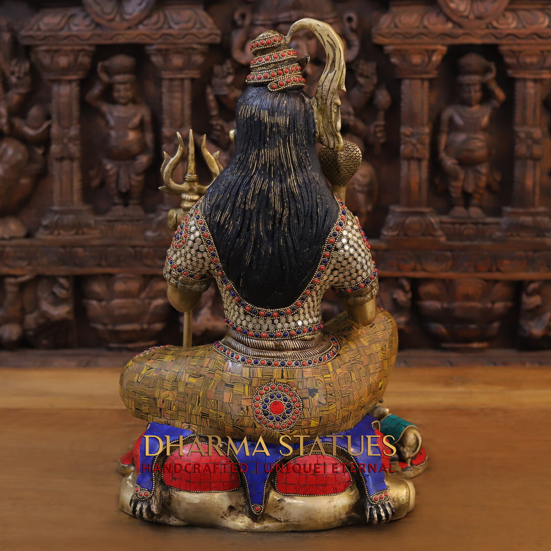 Brass Lord Shiva Idol, Seated on a lions skin, Golden and Stone work 18.5" back view